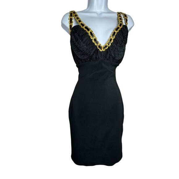 DANA DEATHERAGE vintage 80's black wiggle bombshell dress size small gold trim - Picture 3 of 9